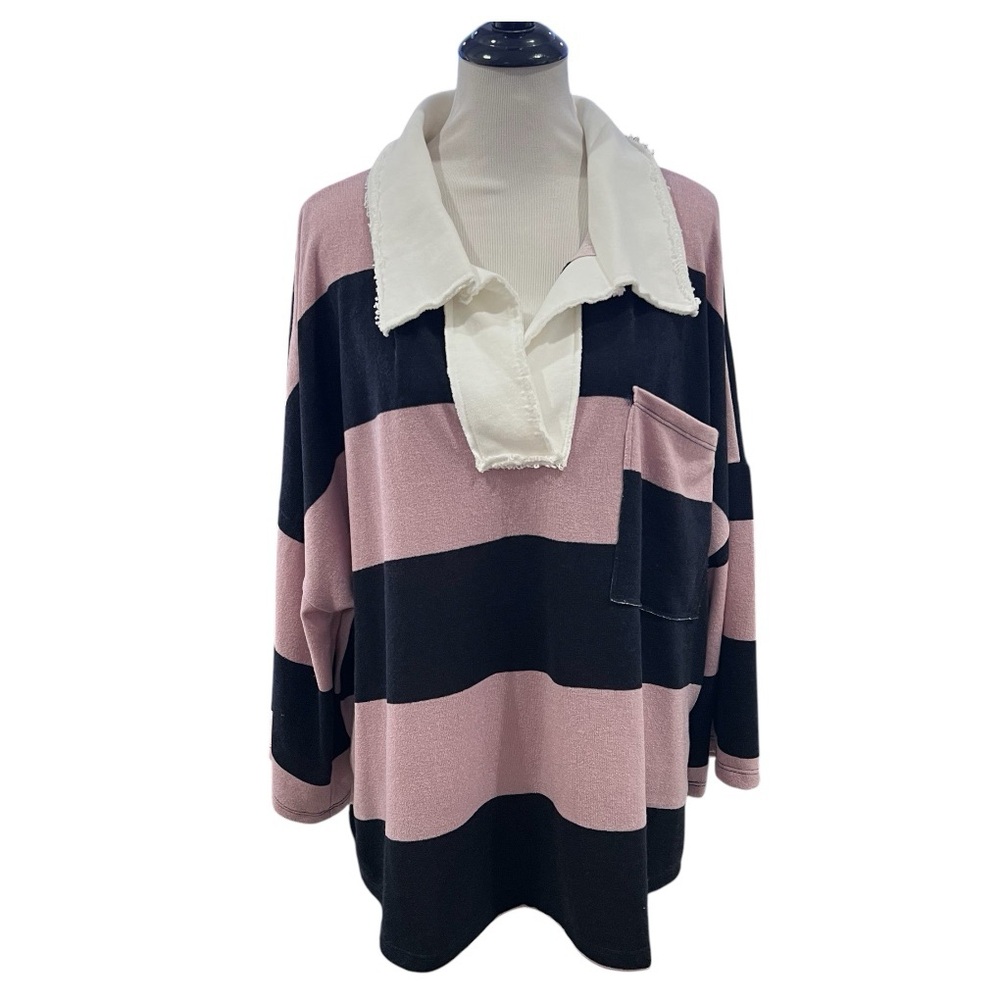 BUCKET LIST Oversized Rugby Stripe Pullover Size Large